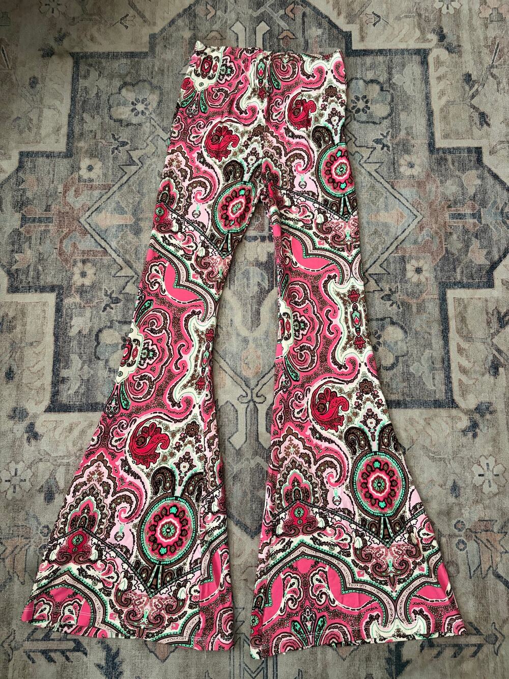 Free People Harper Flare Pants XS Pink Paisley Bell Bottom Boho Stretch 70s